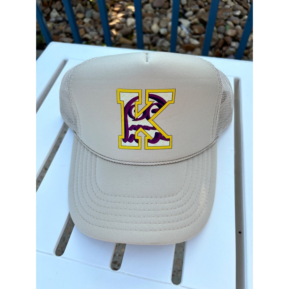 Ghost Tan Mesh Back Trucker Hat Snapback Graphic K Logo Foam Cap Tan Purple